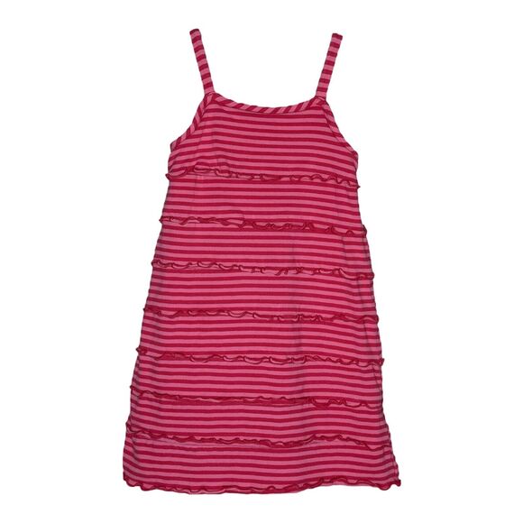 Hanna Andersson Dress‎ Girls 4 100 Pink Red Stripe Layered Lettuce Trim Summer - Picture 1 of 7